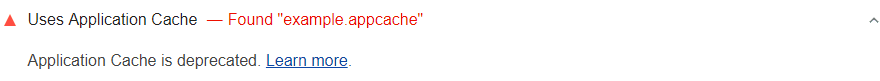 Lighthouse audit showing that a page uses the Application Cache