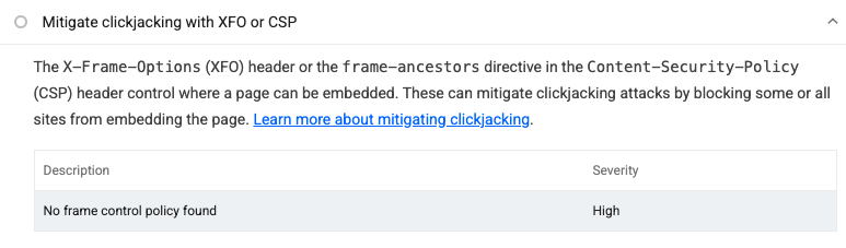 Lighthouse report warning that no CSP or XFO response header was found to mitigate clickjacking.