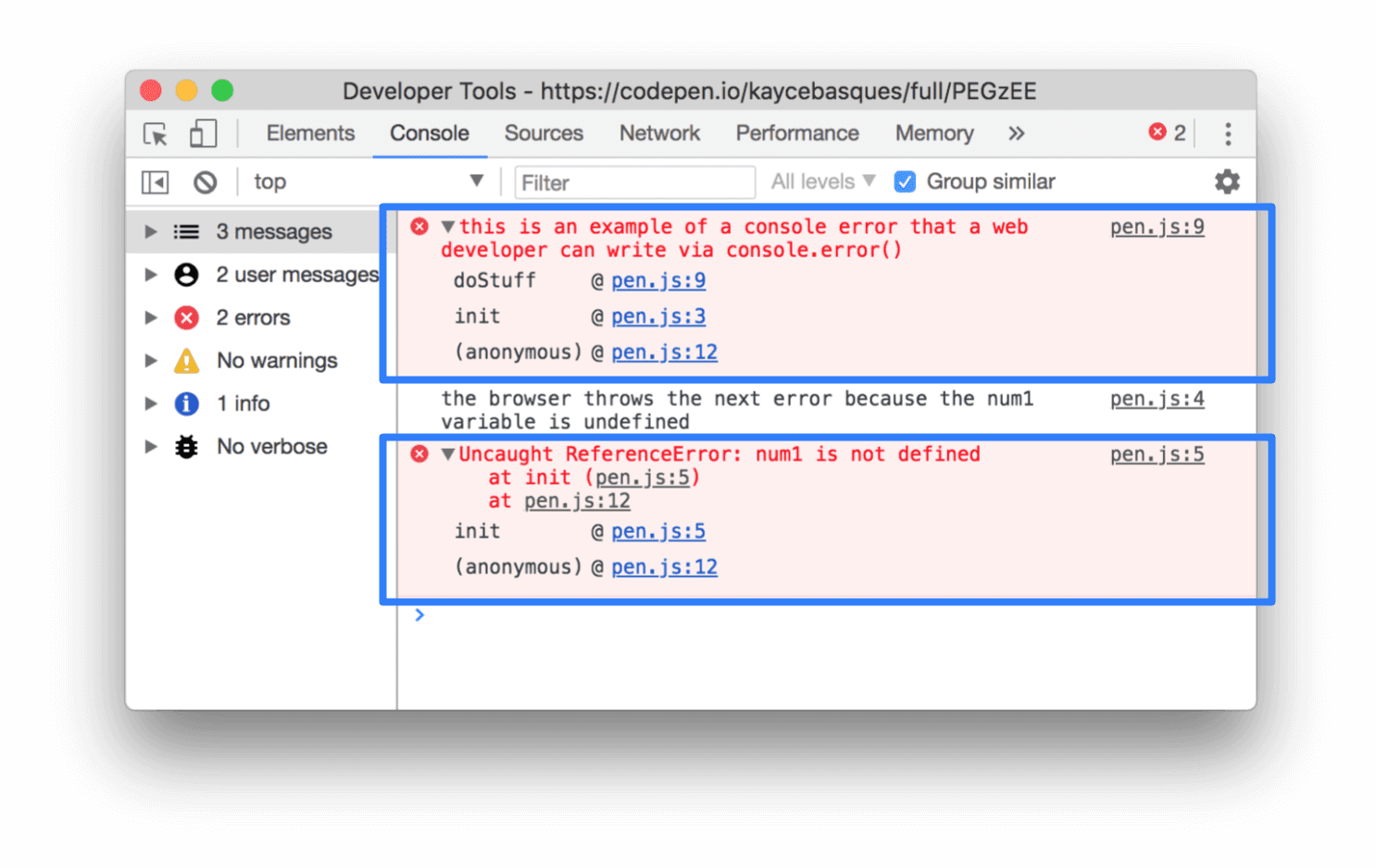 Chrome DevTools 콘솔의 오류 예