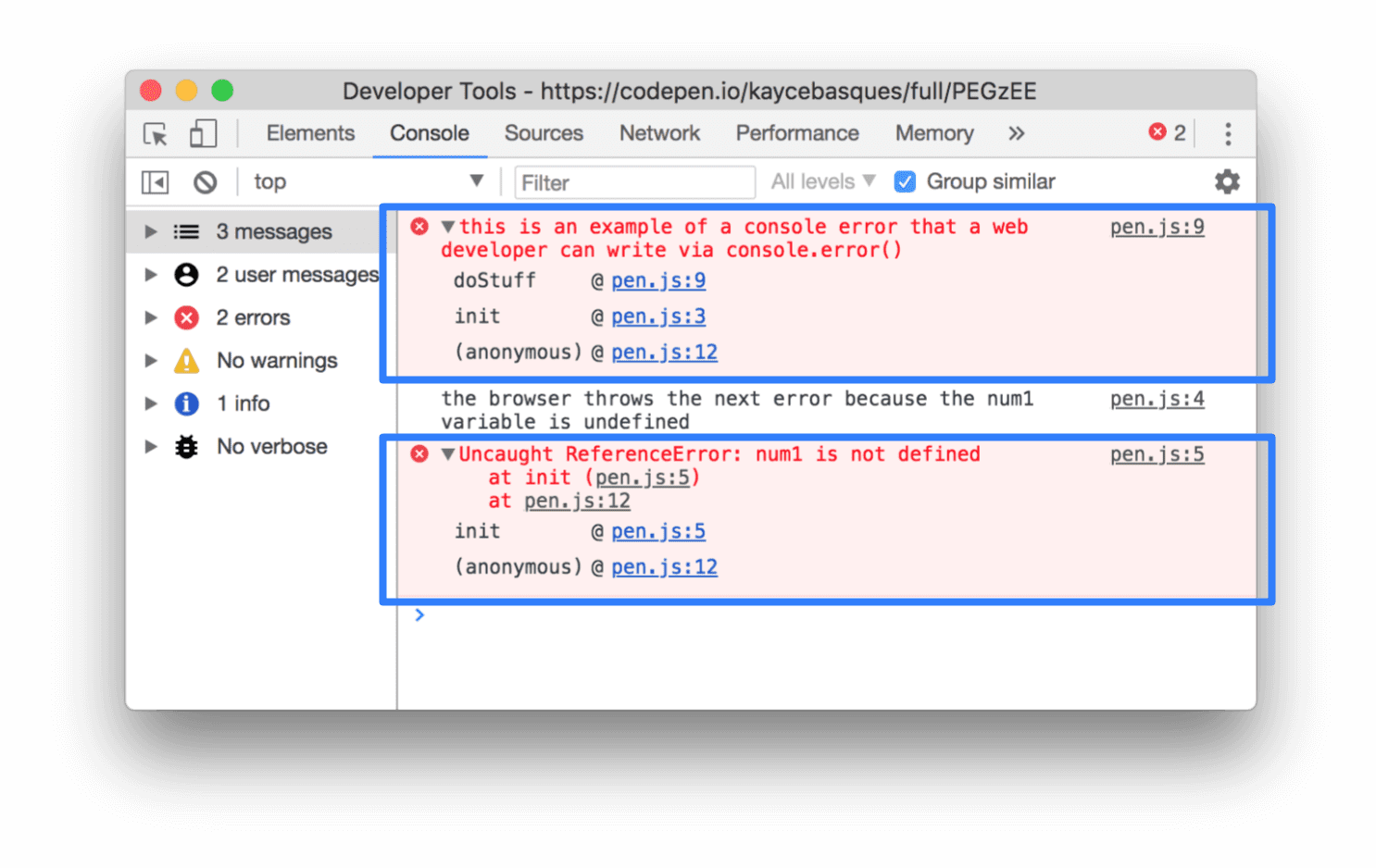 Ejemplo de errores en la consola de Herramientas para desarrolladores de Chrome