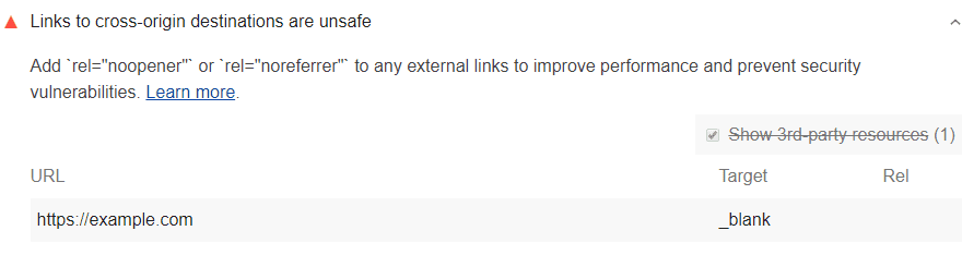 クロスオリジンのリンク先への安全でないリンクが表示されている Lighthouse の監査