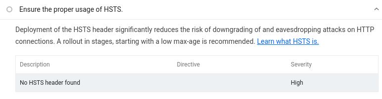 Avviso del controllo Lighthouse che indica che non è stata trovata alcuna intestazione di risposta HSTS.