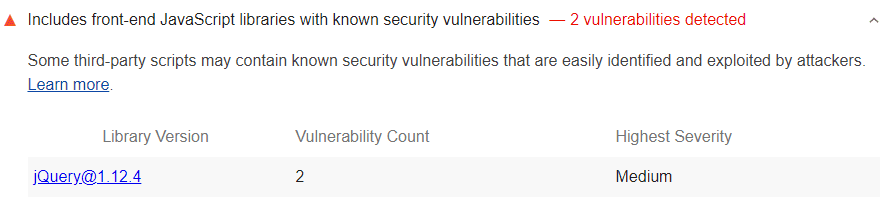 Controllo Lighthouse che mostra eventuali librerie JavaScript front-end con vulnerabilità di sicurezza note utilizzate dalla pagina