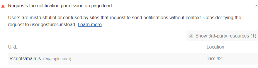 La auditoría de Lighthouse muestra los permisos de notificaciones de las solicitudes de páginas cuando se cargan