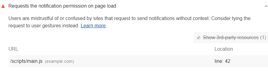 Аудит Lighthouse показывает разрешения на уведомления о запросах страниц при загрузке