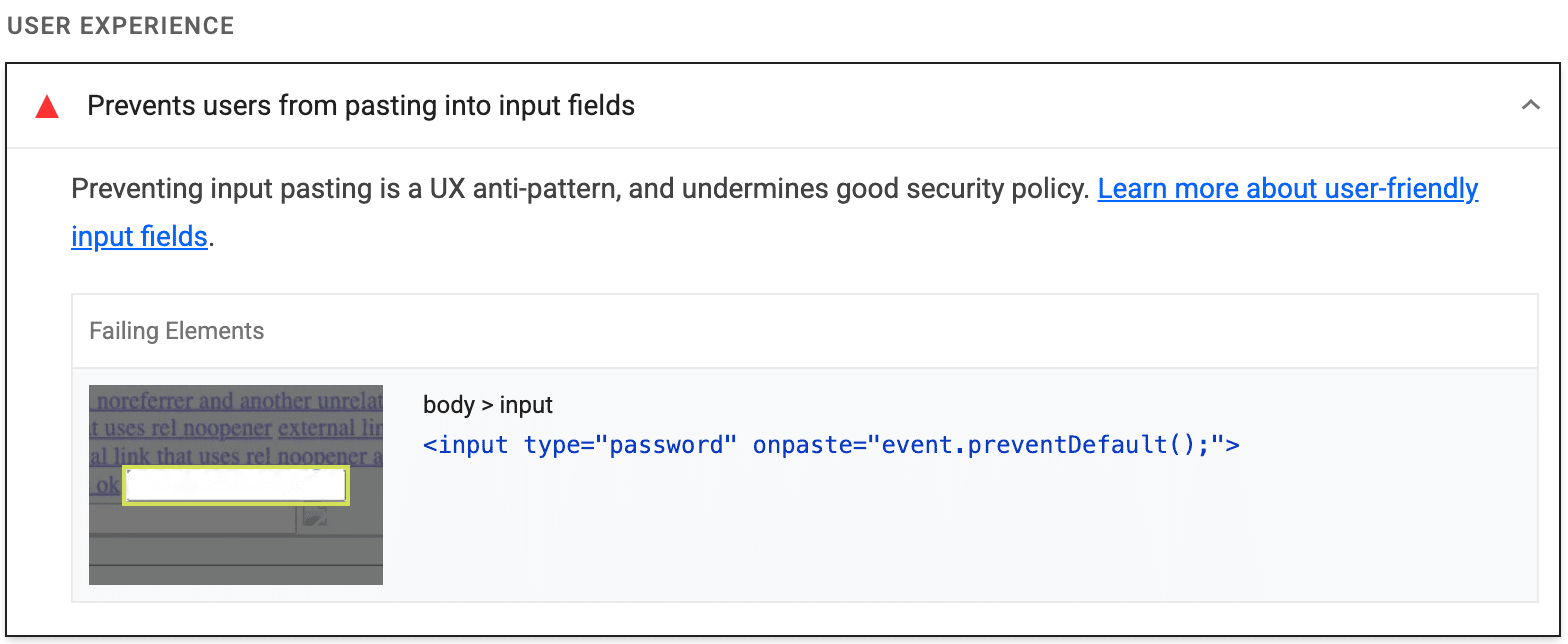 Audit Lighthouse menampilkan halaman mencegah pengguna menempelkan konten ke kolom sandi