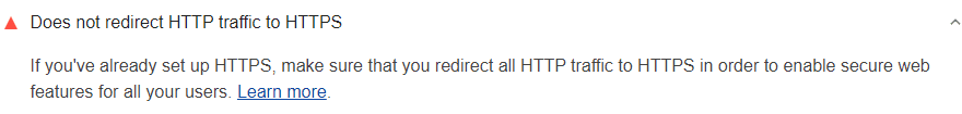 Lighthouse audit showing that HTTP traffic isn't redirected to HTTPS