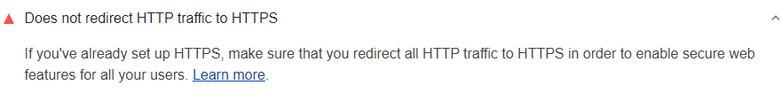 Auditoría de Lighthouse que muestra que el tráfico HTTP no se redirecciona a HTTPS