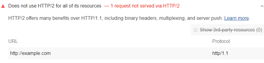 लाइटहाउस ऑडिट में, ऐसे संसाधनों को दिखाया गया है जो एचटीटीपी/2 पर नहीं दिखाए गए हैं 