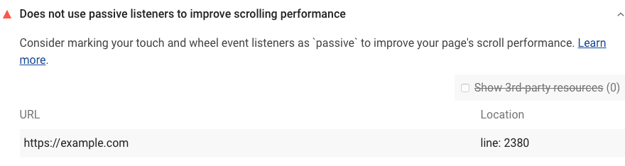 Il controllo Lighthouse mostra che la pagina non usa listener di eventi passivi per migliorare le prestazioni dello scorrimento