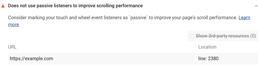 A auditoria do Lighthouse mostra que a página não usa listeners de eventos passivos para melhorar o desempenho de rolagem