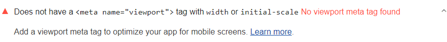 Lighthouse audit shows page is missing a viewport