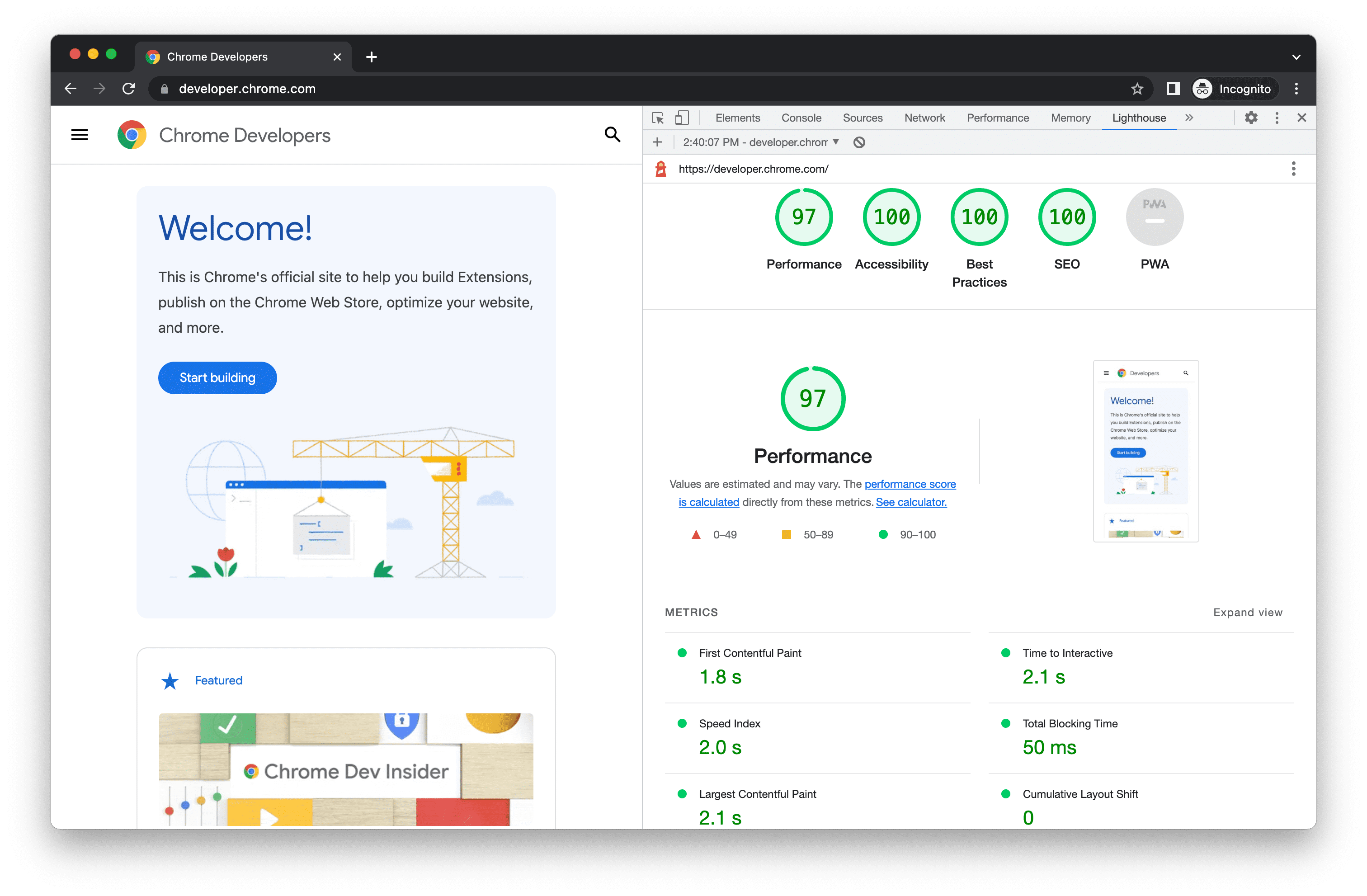 Chrome 开发者工具中的 Lighthouse 报告