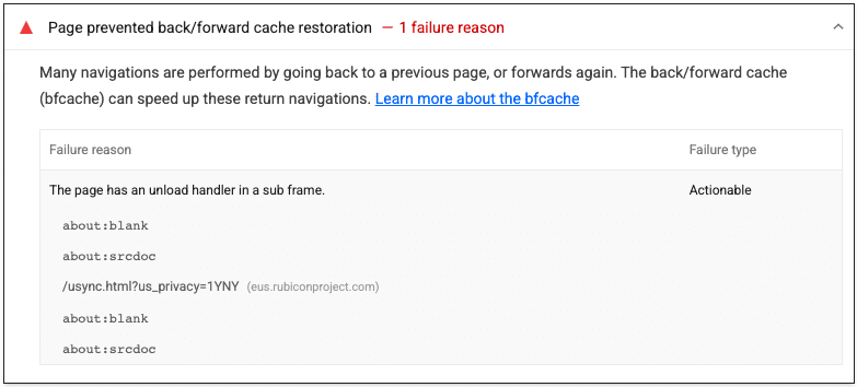 Example result from the Lighthouse back/forward cache audit