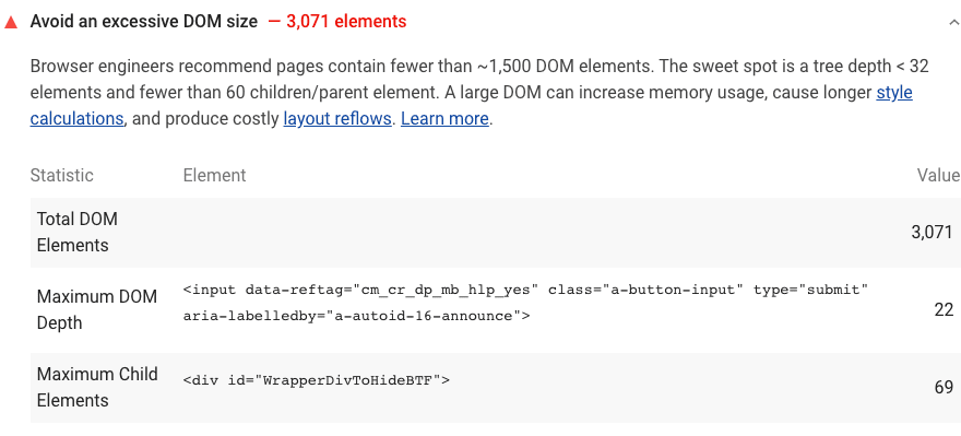 از ممیزی بیش از حد DOM Ligthhouse که کل عناصر DOM، حداکثر عمق DOM و حداکثر عناصر فرزند را نشان می دهد، جلوگیری می کند.