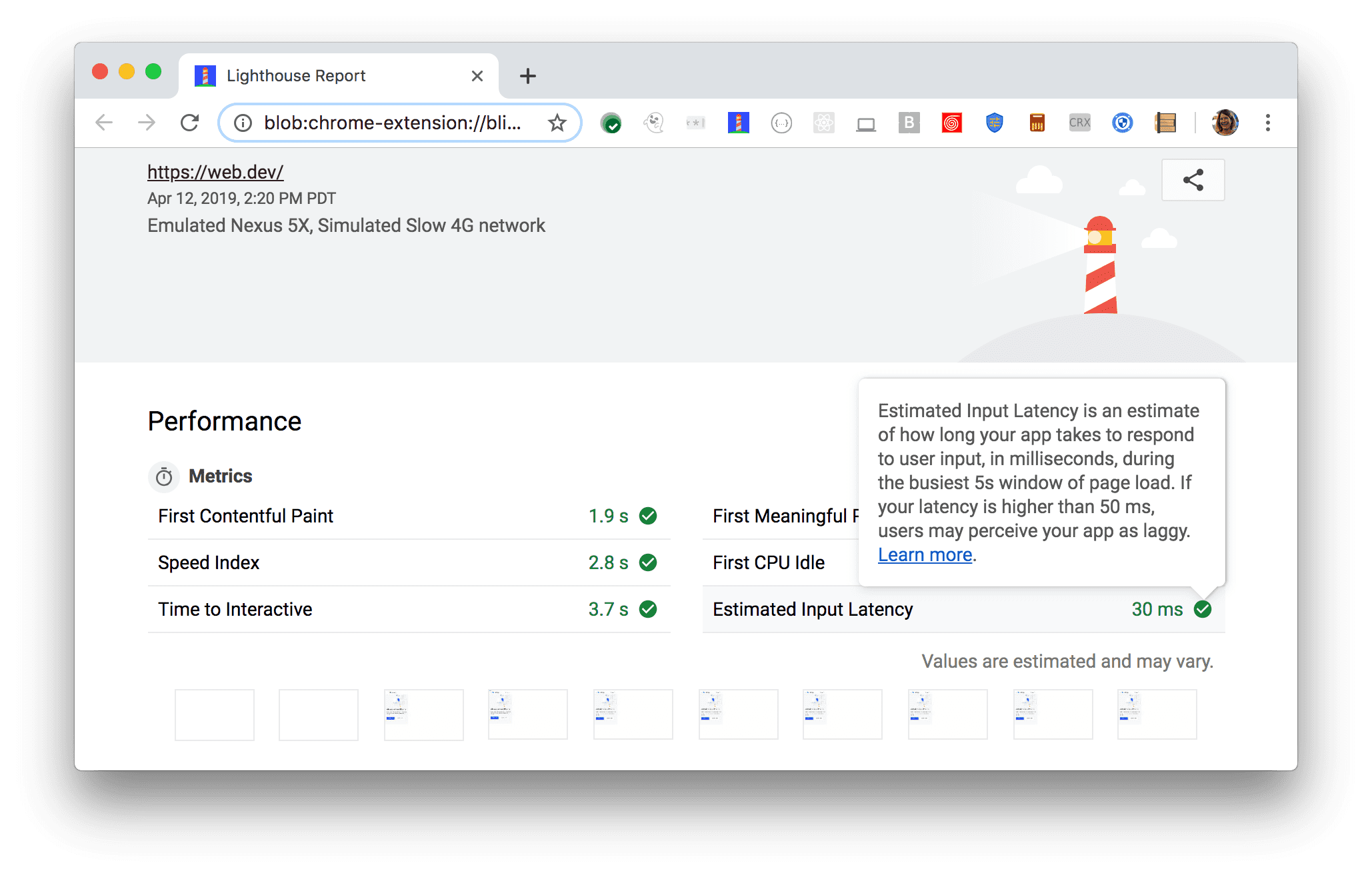 A screenshot of the Lighthouse Estimated Input Latency audit