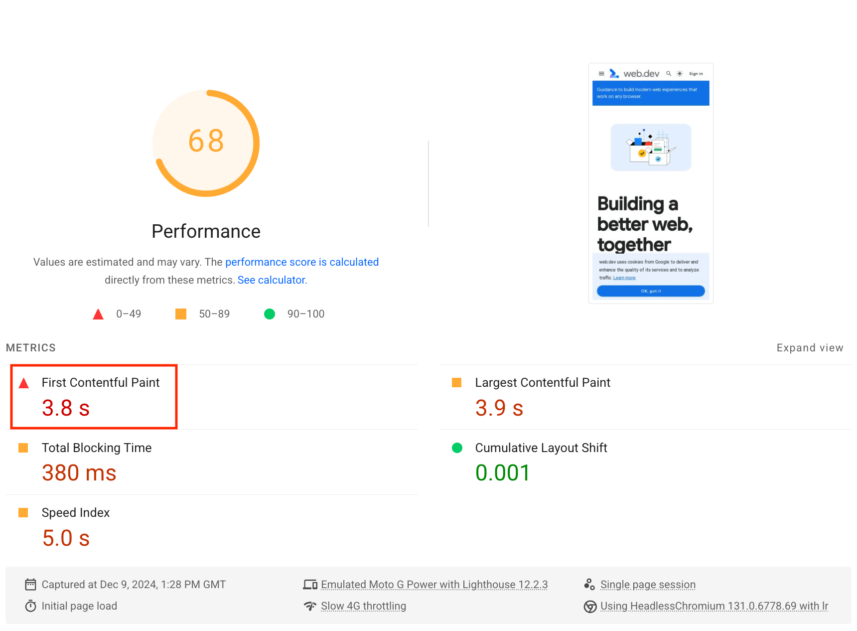 Il punteggio First Contentful Paint di Lighthouse evidenziato nella sezione Metriche