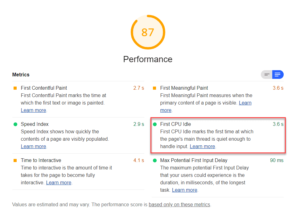 Lighthouse の First CPU Idle 監査のスクリーンショット