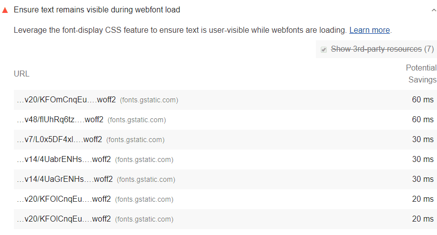 Lighthouse의 웹폰트 로드 중에 텍스트가 계속 표시되는지 확인 감사 스크린샷