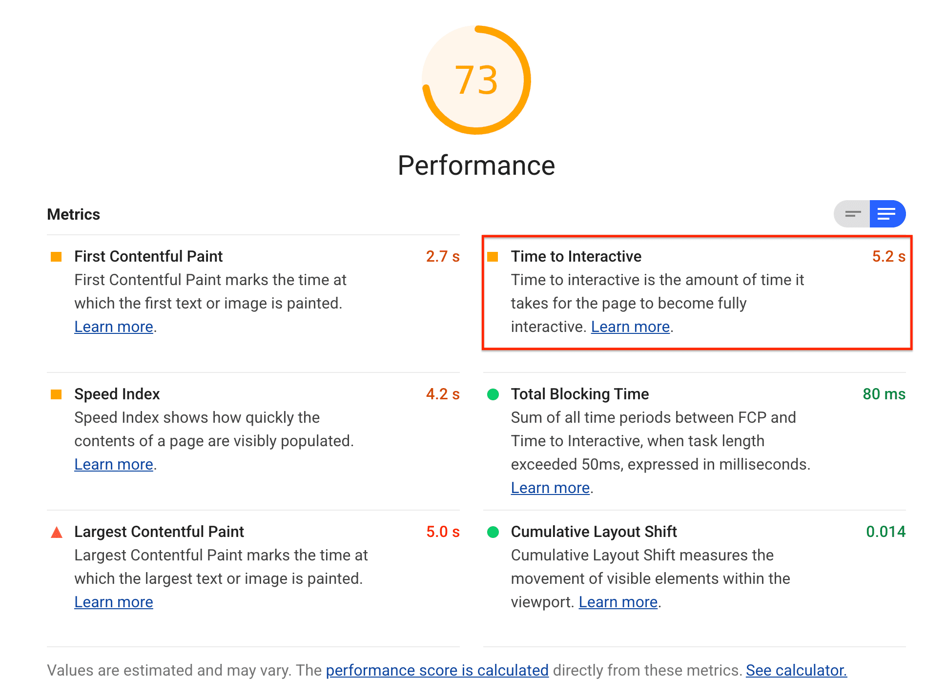 Zrzut ekranu z kontroli czasu do strony interaktywnej w Lighthouse