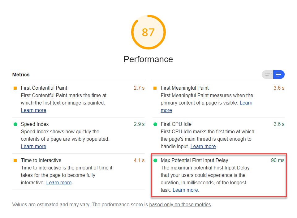 Capture d&#39;écran de l&#39;audit Lighthouse &quot;Max Potential First Input Delay&quot; (Retard maximal potentiel de la première entrée).