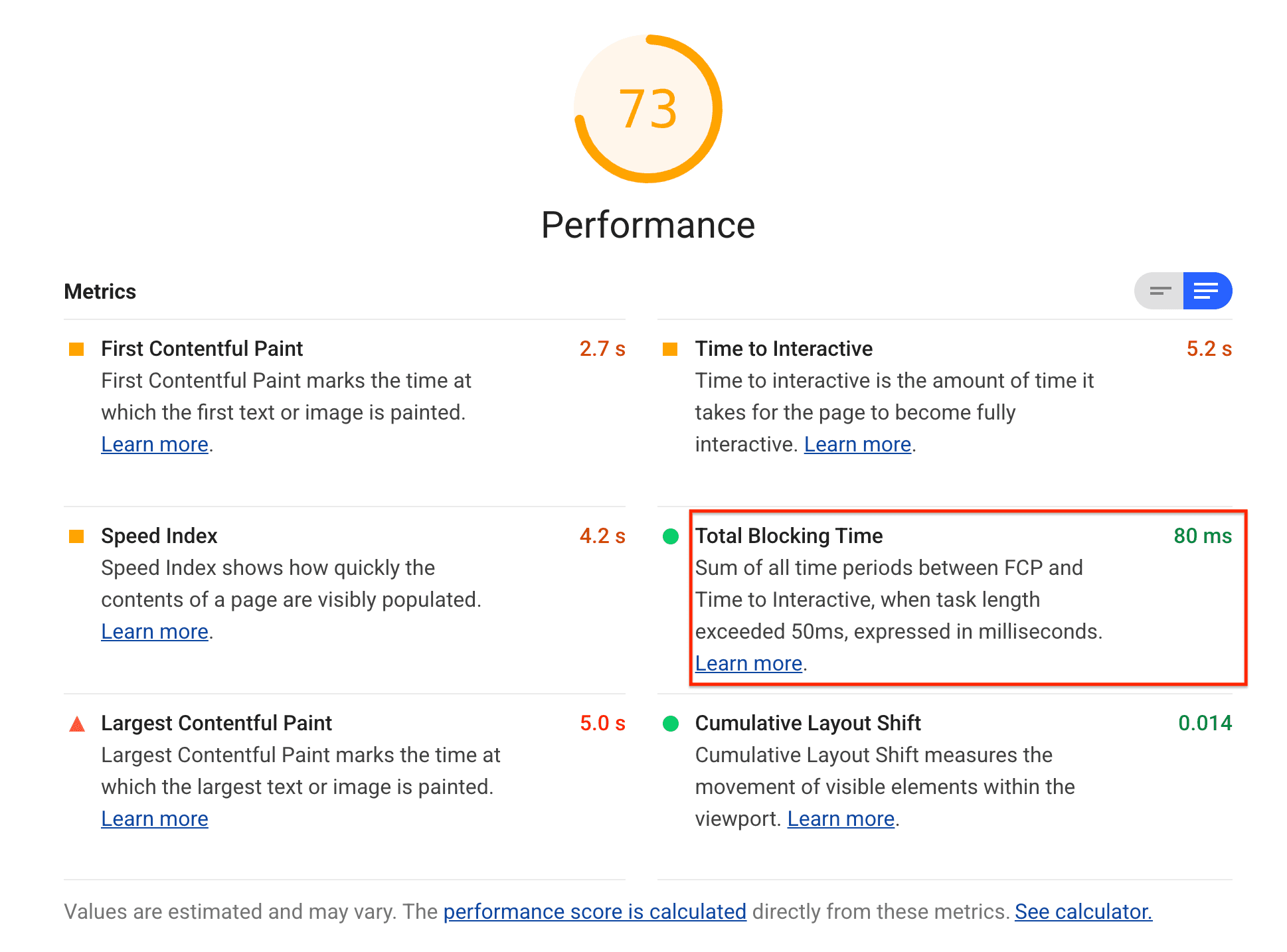 A screenshot of the Lighthouse Total Blocking Time audit