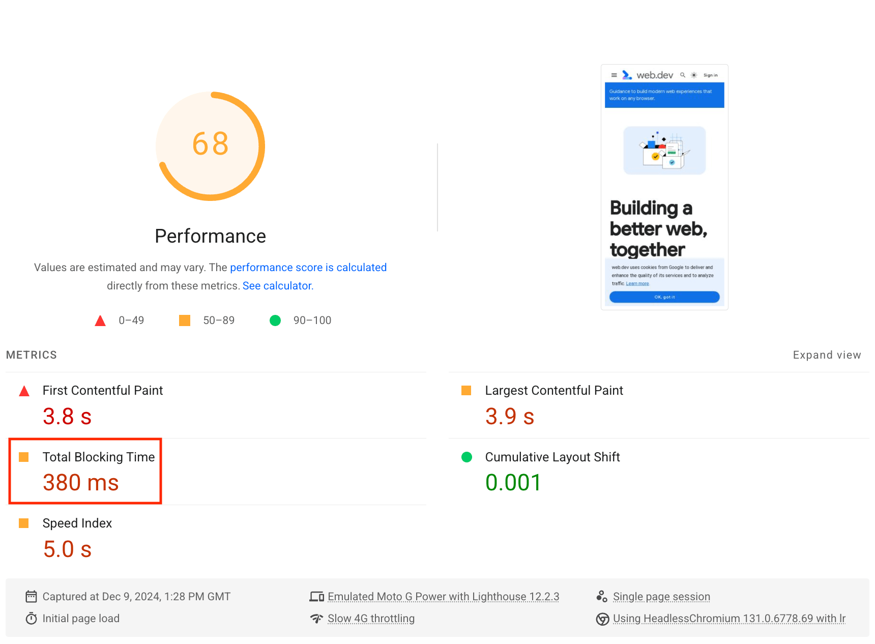 La puntuación de Total Blocking Time de Lighthouse destacada en la sección Métricas