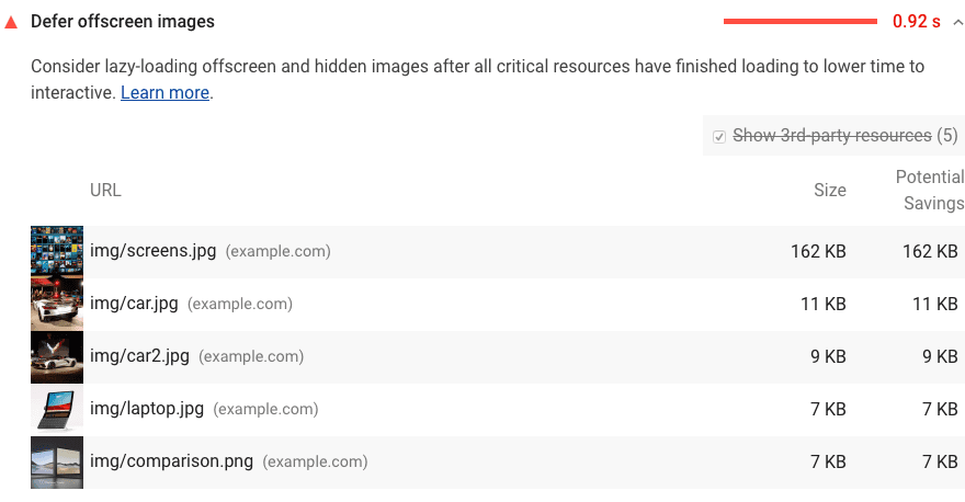 Captura de pantalla de la auditoría Diferir la carga de imágenes fuera de pantalla de Lighthouse