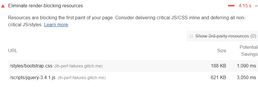 Captura de tela da auditoria &quot;Eliminar recursos bloqueadores de renderização&quot; do Lighthouse