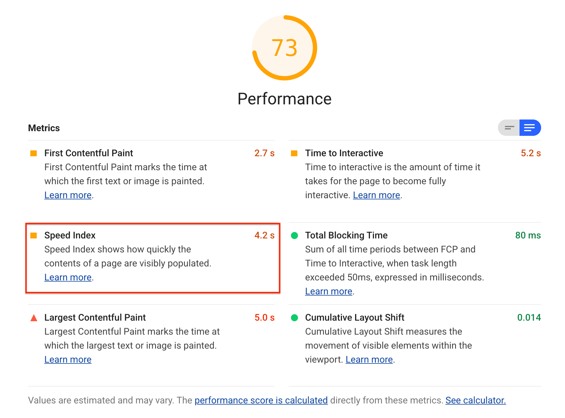 Lighthouse Speed Index denetiminin ekran görüntüsü