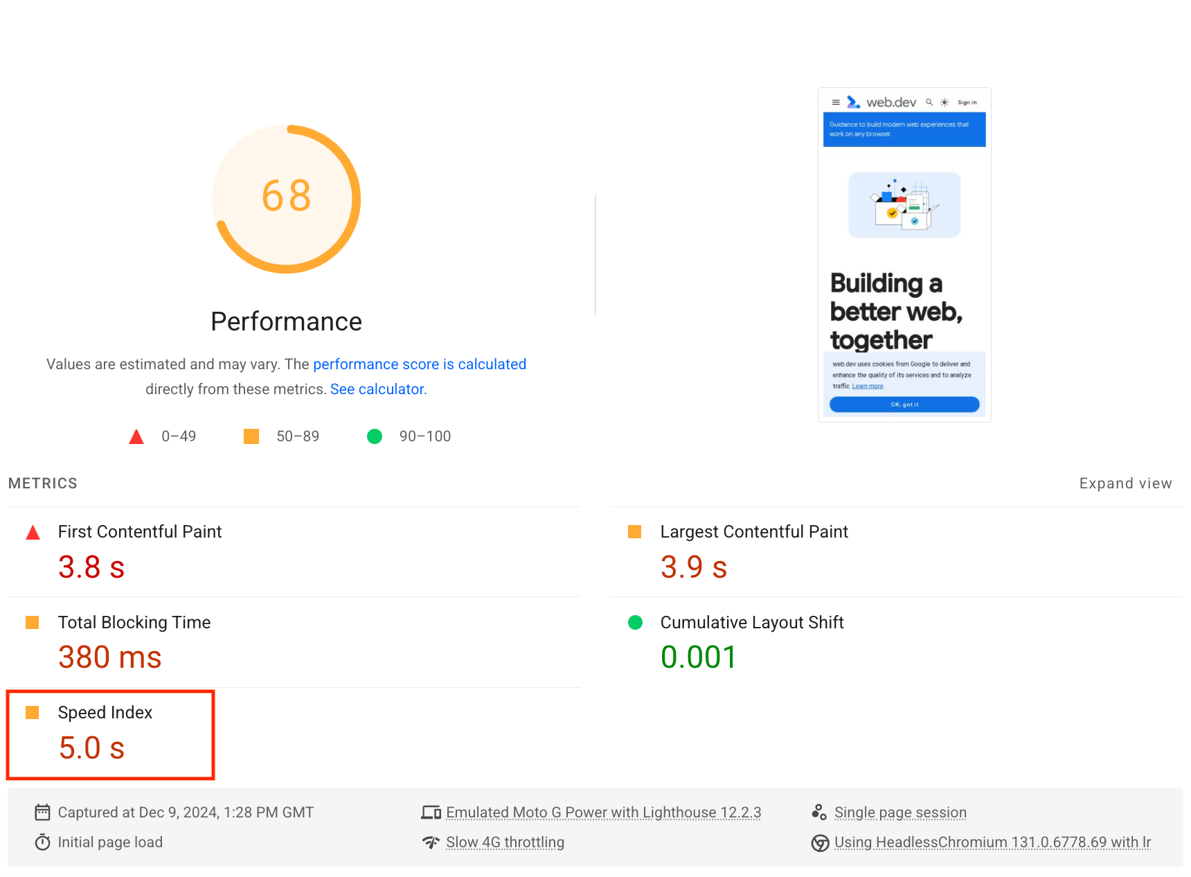 Ergebnisse der Lighthouse-Prüfung für den Geschwindigkeitsindex