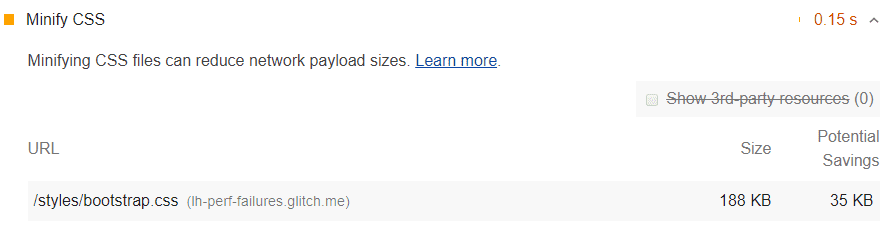 Lighthouse के &#39;सीएसएस फ़ाइलों का साइज़ कम करना&#39; ऑडिट का स्क्रीनशॉट