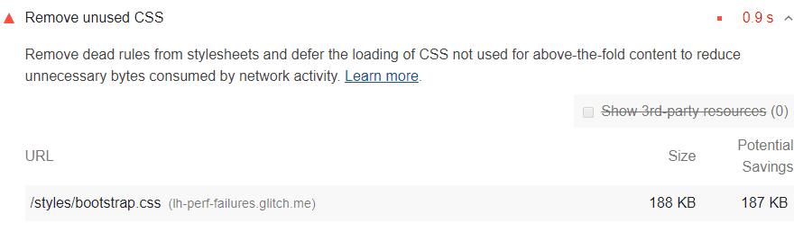 Screenshot der Lighthouse-Prüfung „Nicht verwendete CSS entfernen“