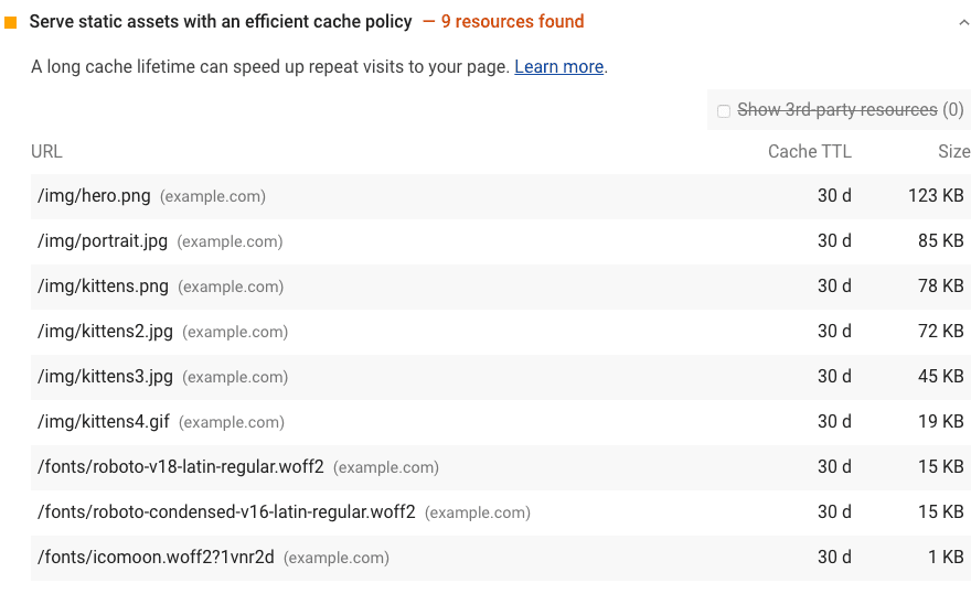 Screenshot audit kebijakan cache yang efisien untuk Menayangkan aset statis Lighthouse