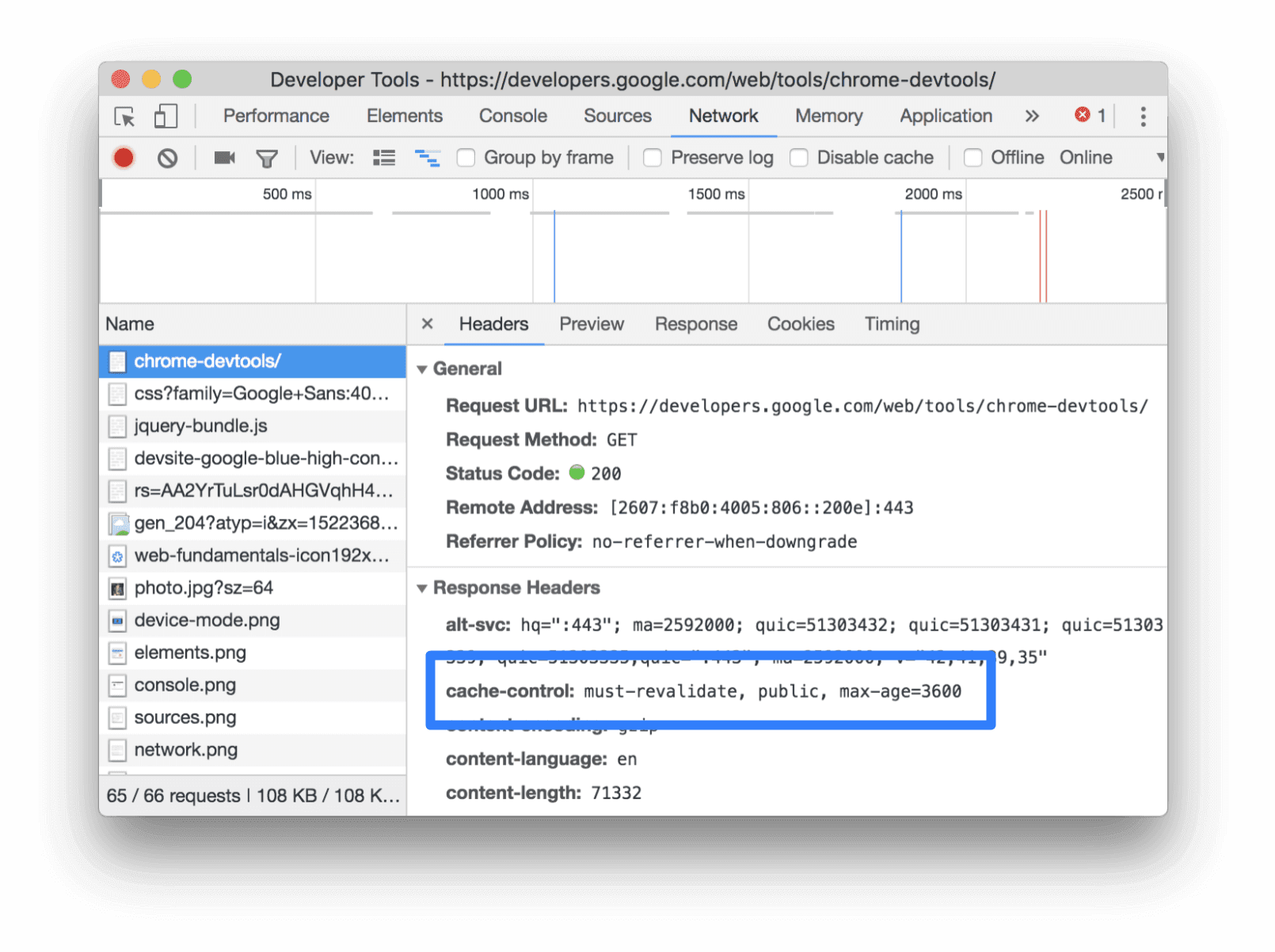 بررسی هدر Cache-Control از طریق تب Headers