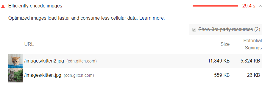 Captura de pantalla de la auditoría Codifica las imágenes de forma eficaz de Lighthouse