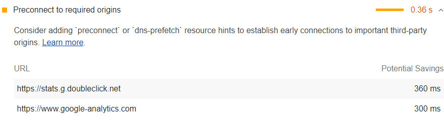 Screenshot Lighthouse Preconnect ke audit origin yang diperlukan