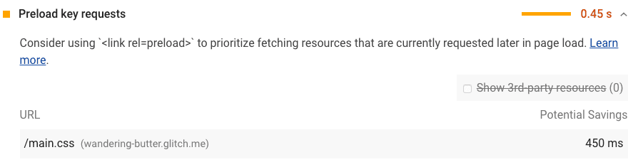 Een screenshot van de Lighthouse Preload-audit van sleutelverzoeken