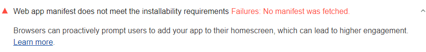 लाइटहाउस ऑडिट की सुविधा, जिसमें यह बताया गया है कि उपयोगकर्ता अपनी होम स्क्रीन से वेब ऐप्लिकेशन इंस्टॉल नहीं कर सकते