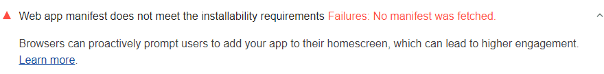 Auditoria do Lighthouse mostrando que o usuário não consegue instalar o app da Web pela tela inicial