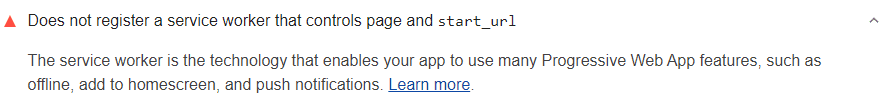 Lighthouse audit showing site doesn't register a service worker
