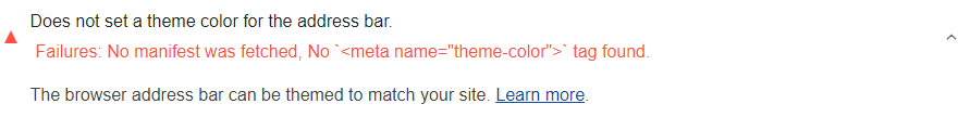 Auditoría de Lighthouse que muestra que la barra de direcciones no tiene un tema relacionado con los colores de la página