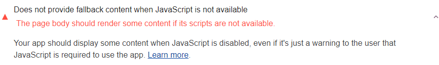 Audit Lighthouse montrant que la page ne comporte aucun contenu lorsque JavaScript n&#39;est pas disponible