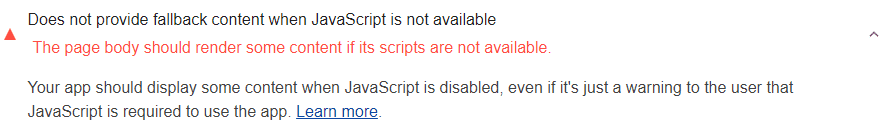 자바스크립트를 사용할 수 없는 경우 페이지에 일부 콘텐츠가 포함되어 있지 않음을 보여주는 Lighthouse 감사