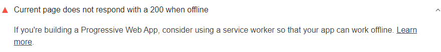 Audit Lighthouse montrant que la page ne renvoie pas de code 200 en mode hors connexion