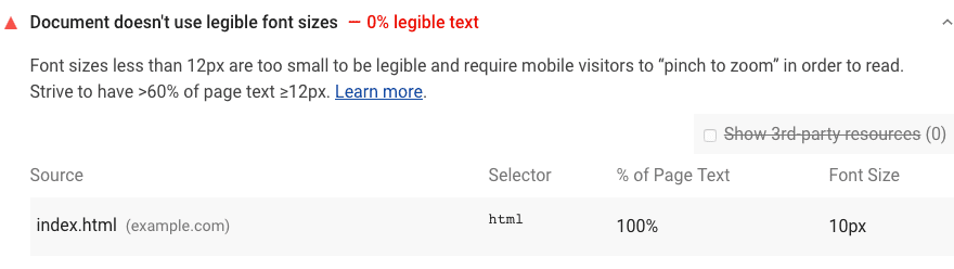 Lighthouse audit showing page has illegible font sizes