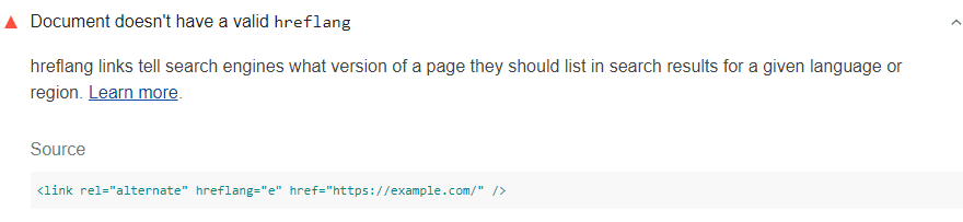 लाइटहाउस ऑडिट में गलत hreflang लिंक दिखना