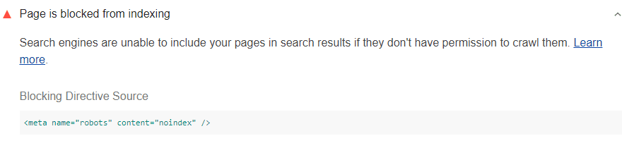 Auditoría de Lighthouse que muestra que los motores de búsqueda no pueden indexar tu página