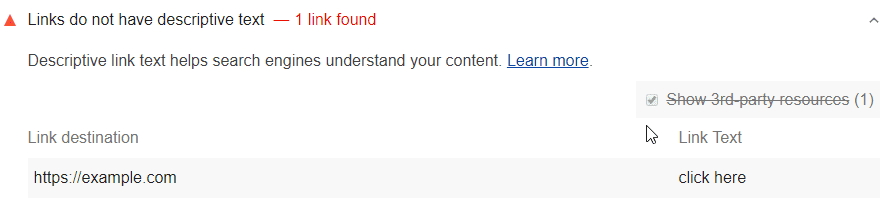 リンクに説明テキストがないことを示す Lighthouse 監査