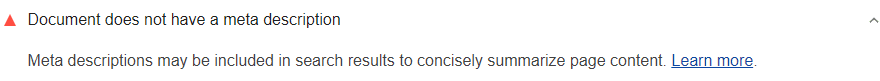 Lighthouse audit showing the document doesn't have a meta description